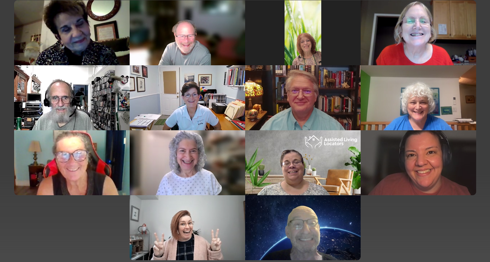 Zoom screenshot of participants in the 2025 Learn How to be a Senior Improv Games Superstar: Get Paid to Play in the Senior Living Market virtual training.